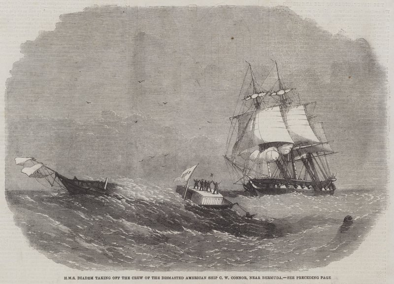 HMS Diadem taking off the Crew of the Dismasted American Ship C W Connor, near Bermuda by Edwin Weedon