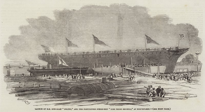 Launch of HM Gun-Boat Pelter, and the Portuguese Steam-Ship Dom Pedro Secondo, at Northfleet by Edwin Weedon