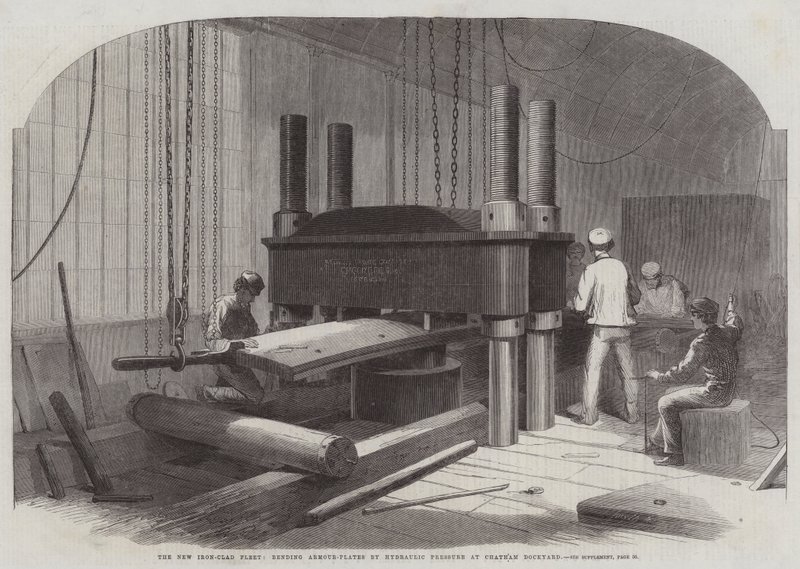 The New Iron-Clad Fleet, bending Armour-Plates by Hydraulic Pressure at Chatham Dockyard by Edwin Weedon