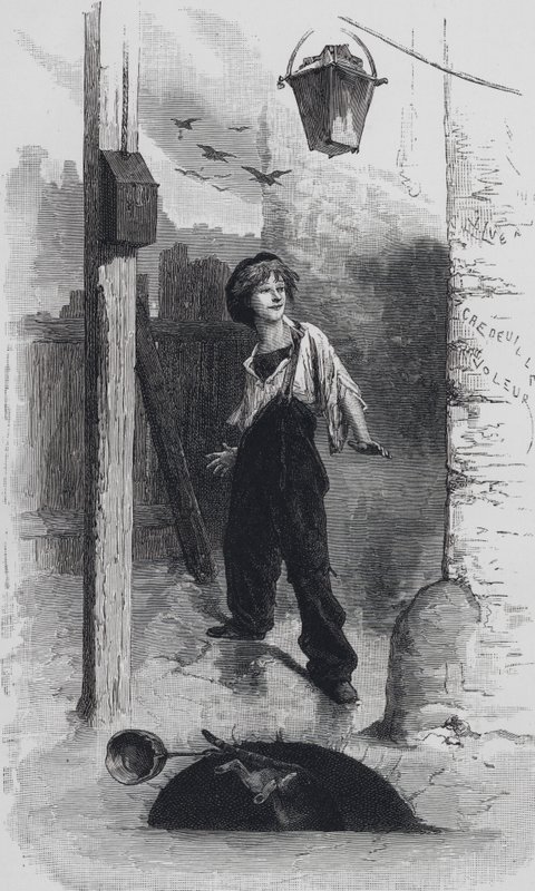 Scene from Les Miserables, by Victor Hugo: Gavroche by Emile Antoine (after) Bayard