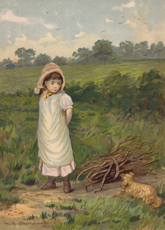 Girl collecting firewood with her pet dog by Emily Jane Harding Andrews