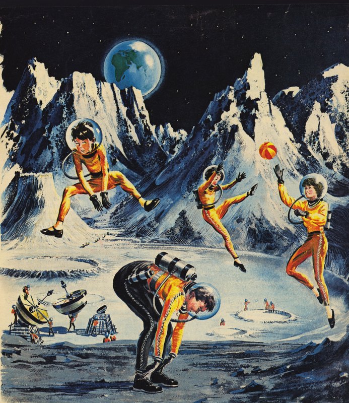 Family playing on the moon, as imagined in the 1960s by English School