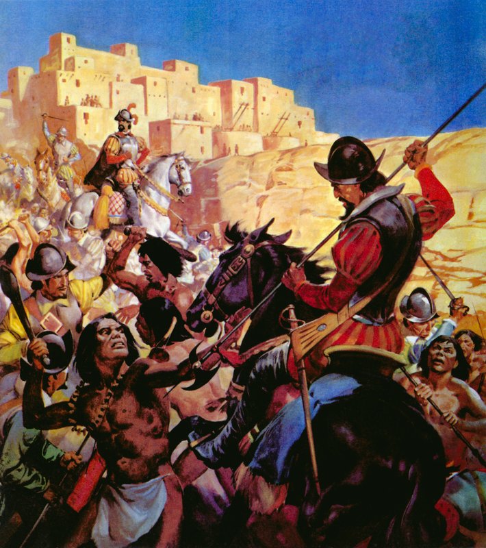 The Pueblo Indians of North Arizona attacked by Spanish Conquistadors by English School