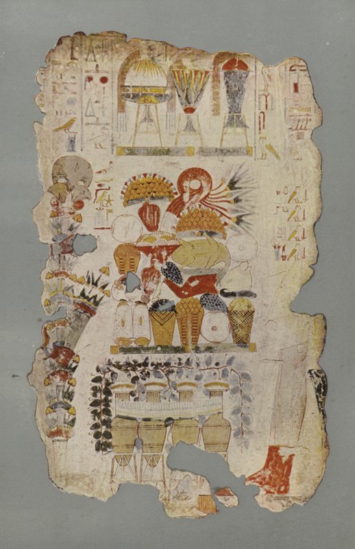 A table of funerary offerings, with fruit, flowers, sweetmeats, etc, and jars of wine standing by it by English Photographer