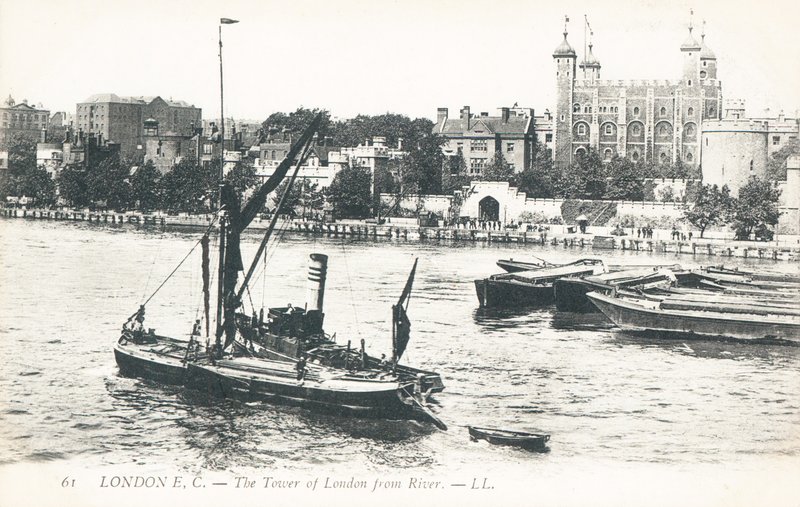 Boats on the River Thames with the Tower of London in the background by English Photographer