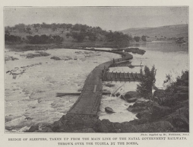 Bridge of Sleepers, taken up from the Main Line of the Natal Government Railways, thrown over the Tugela by the Boers by English Photographer