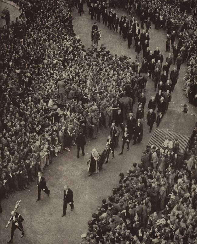 British Prime Minister Winston Churchill and his cabinet walking to the Church of St Margaret, Westminster, for a service of thanks for deliverance from the threat of invasion by Nazi Germany, 8 May 1945 by English Photographer