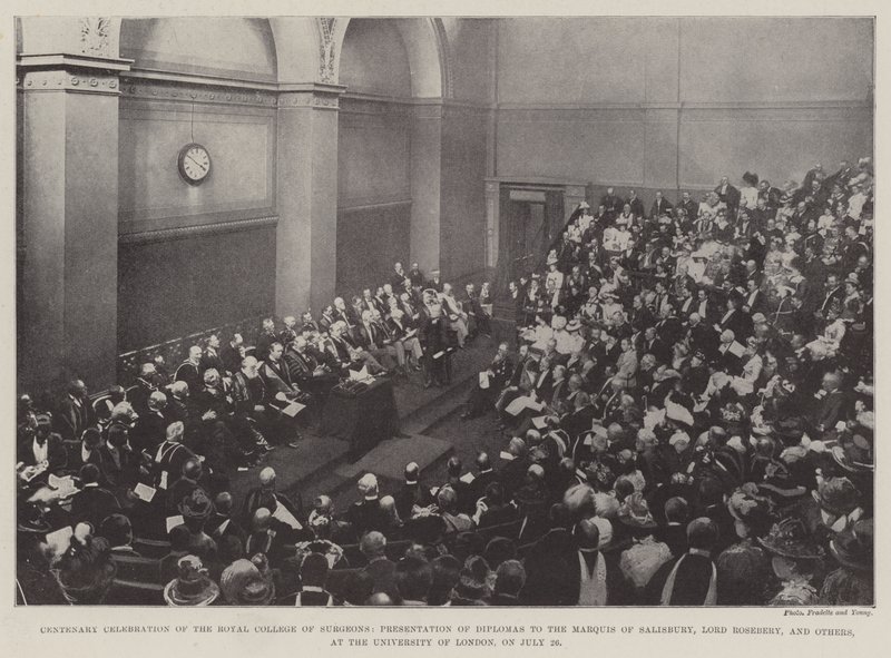 Centenary Celebration of the Royal College of Surgeons, Presentation of Diplomas to the Marquis of Salisbury, Lord Rosebery, and Others, at the University of London, on 26 July by English Photographer