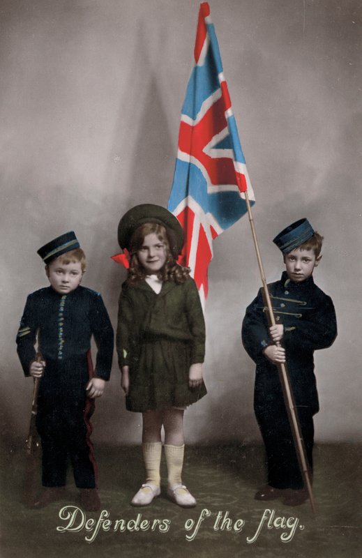 Defenders of the Flag, three children in uniform with the Union Jack by English Photographer