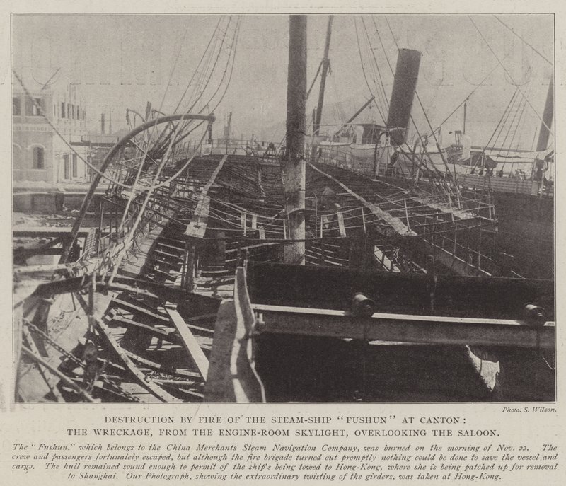 Destruction by Fire of the Steam-Ship Fushun at Canton, the Wreckage, from the Engine-Room Skylight, overlooking the Saloon by English Photographer