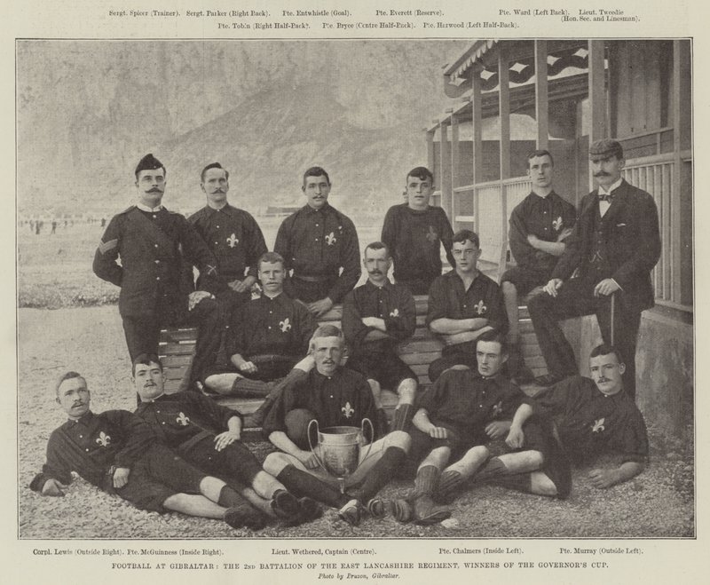 Football at Gibraltar, the 2nd Battalion of the East Lancashire Regiment, Winners of the Governors Cup by English Photographer