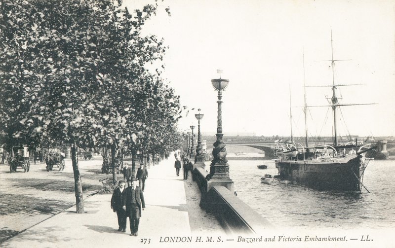HMS Buzzard moored alongside Victoria Embankment by English Photographer