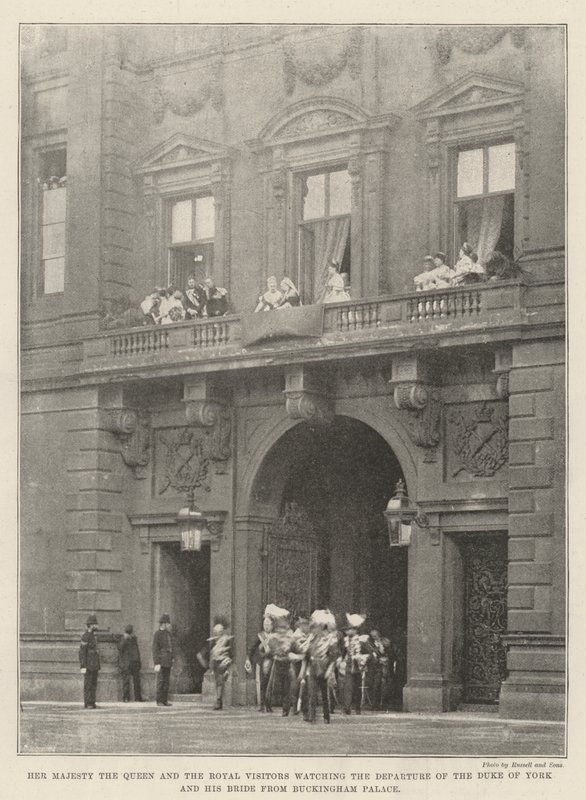 Her Majesty the Queen and the Royal Visitors watching the Departure of the Duke of York and his Bride from Buckingham Palace by English Photographer