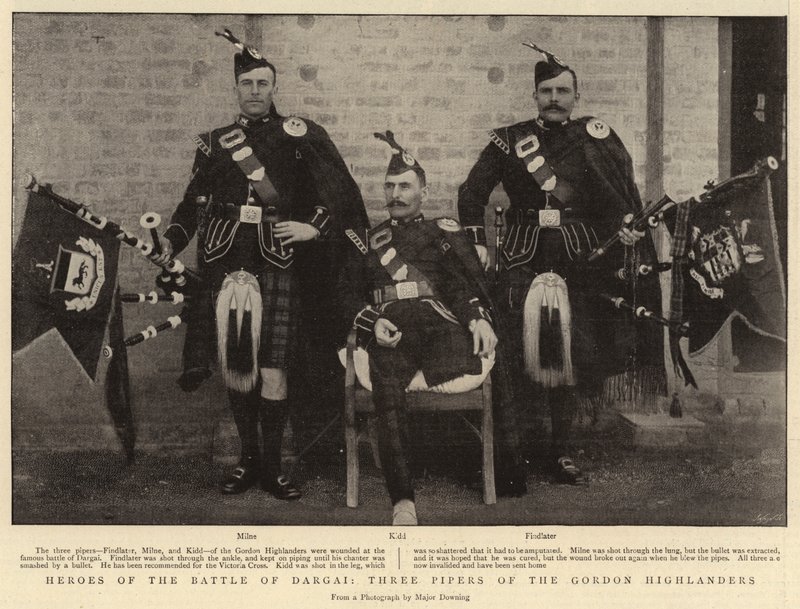 Heroes of the Battle of Dargai, Three Pipers of the Gordon Highlanders by English Photographer