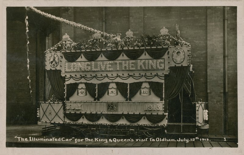 Illuminated tram to commemorate the visit of the King and Queen to Oldham, 12 July 1913 by English Photographer