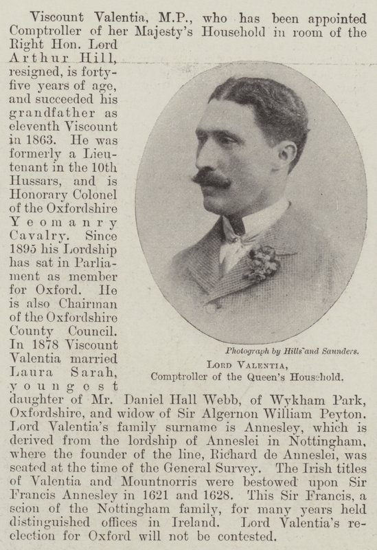 Lord Valentia, Comptroller of the Queen