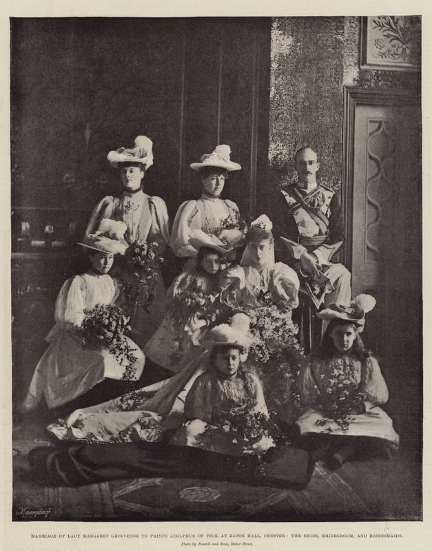 Marriage of Lady Margaret Grosvenor to Prince Adolphus of Teck at Eaton Hall, Chester, the Bride, Bridegroom, and Bridesmaids by English Photographer