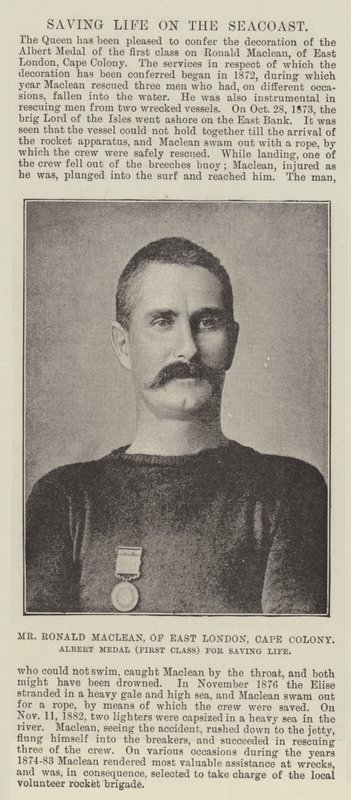 Mr Ronald Maclean, of East London, Cape Colony, Albert Medal (First Class) for Saving Life by English Photographer