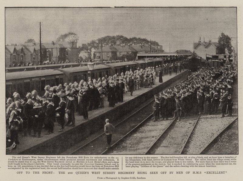 Off to the Front, the 2nd Queens West Surrey Regiment being seen off by Men of H M S Excellent by English Photographer