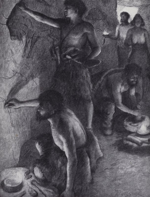 Paleolithic people creating cave paintings by English Photographer