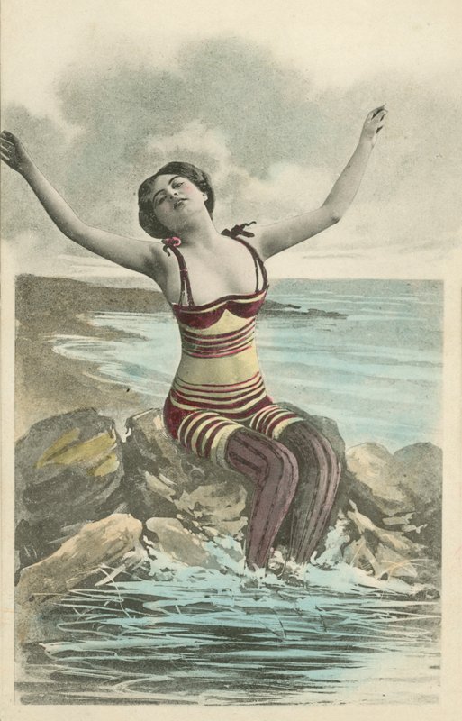 Pretty girl in unusual striped bathing costume with leggings by English Photographer