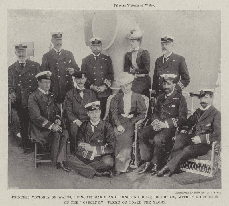 Princess Victoria of Wales, Princess Marie and Prince Nicholas of Greece, with the Officers of the Osborne, taken on Board the Yacht by English Photographer