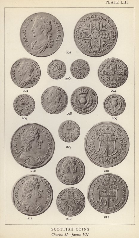 Scottish Coins, Charles II, James VII (black and white photo) by English Photographer
