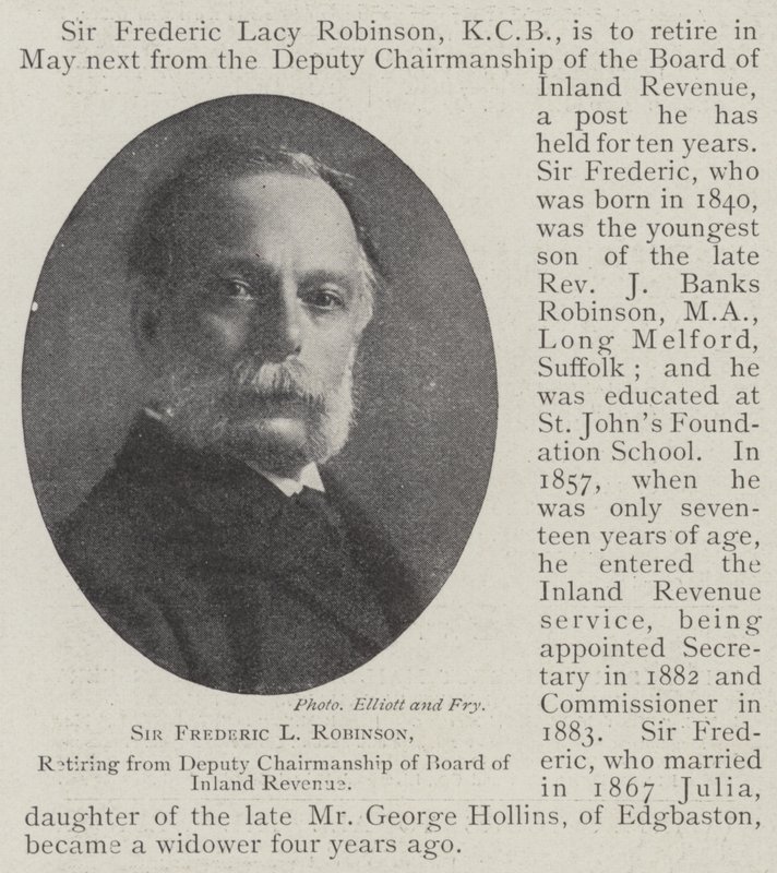 Sir Frederic L Robinson, retiring from Deputy Chairmanship of Board of Inland Revenue by English Photographer