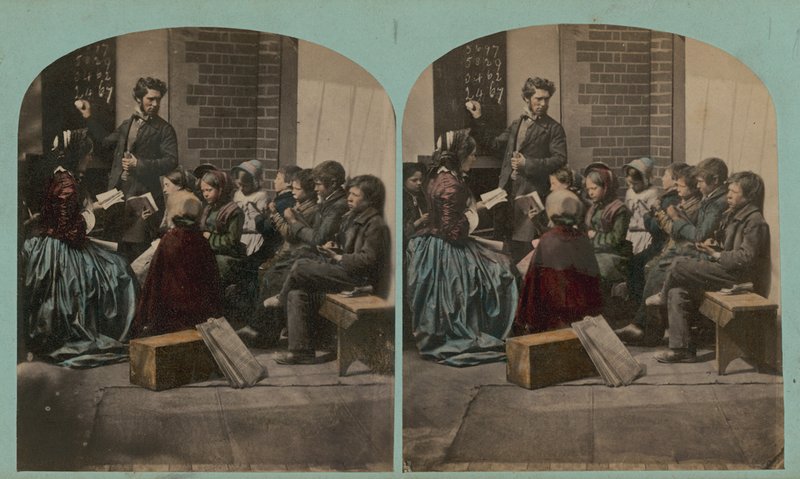 Stereoscopic Image Depicting a Teacher Writing on a Blackboard by English Photographer