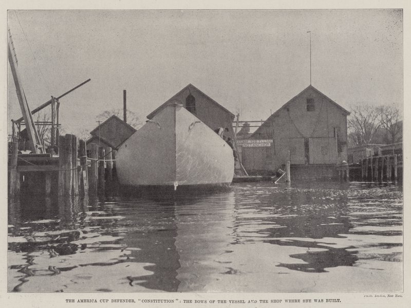 The America Cup Defender, Constitution, the Bows of the Vessel and the Shop where she was built by English Photographer