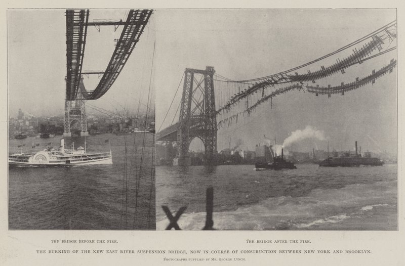 The Burning of the New East River Suspension Bridge, now in Course of Construction between New York and Brooklyn by English Photographer