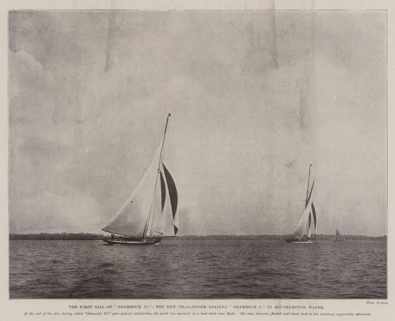 The First Sail of Shamrock II, the New Challenger leading Shamrock I in Southampton Water by English Photographer