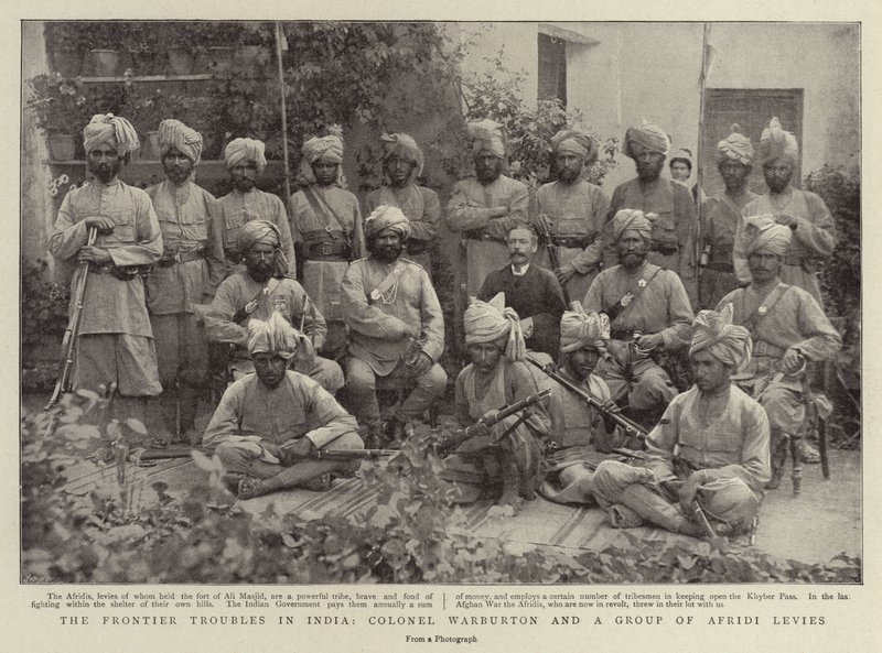 The Frontier Troubles in India, Colonel Warburton and a Group of Afridi Levies by English Photographer