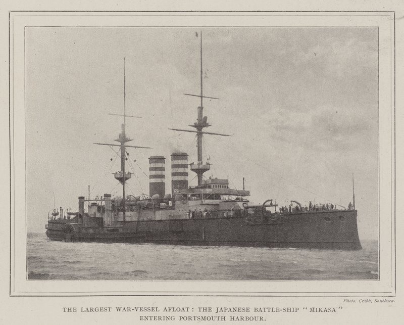 The Largest War-Vessel Afloat, the Japanese Battle-Ship Mikasa entering Portsmouth Harbour by English Photographer
