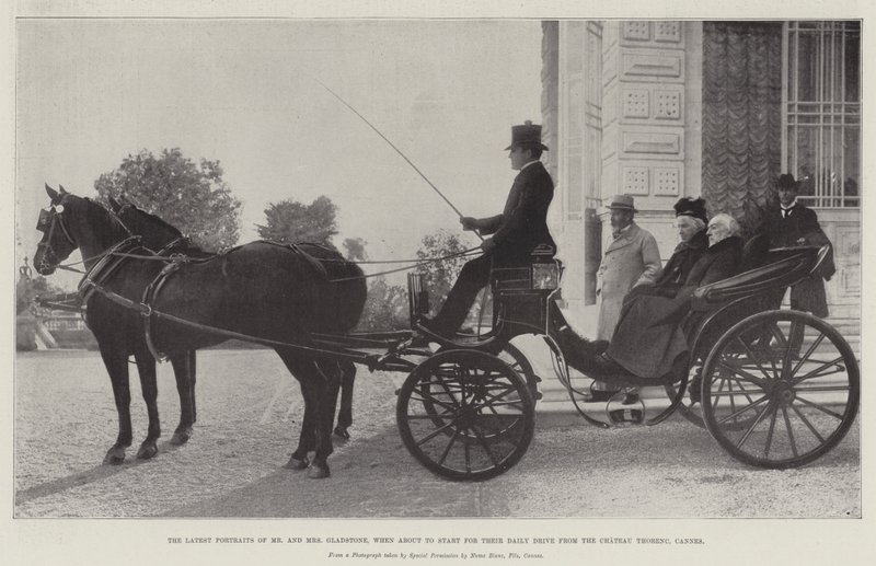 The Latest Portraits of Mr and Mrs Gladstone, when about to start for their Daily Drive from the Chateau Thorenc, Cannes by English Photographer