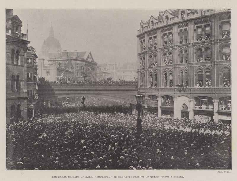 The Naval Brigade of HMS Powerful in the City, passing up Queen Victoria Street by English Photographer