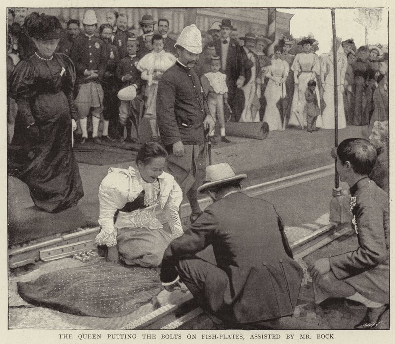 The Queen putting the Bolts on Fish-Plates, assisted by Mr. Bock by English Photographer