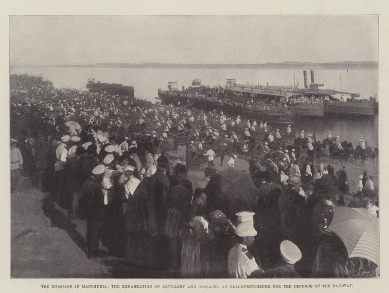 The Russians in Manchuria, the embarkation of artillery and Cossacks at Blagovestchensk for the defence of the railway by English Photographer