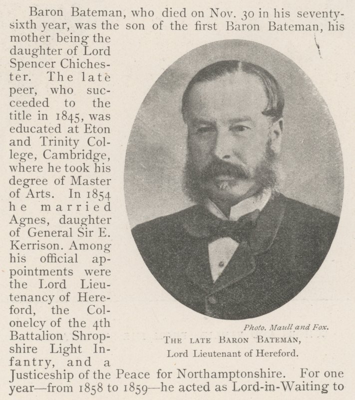 The late Baron Bateman, Lord Lieutenant of Hereford by English Photographer