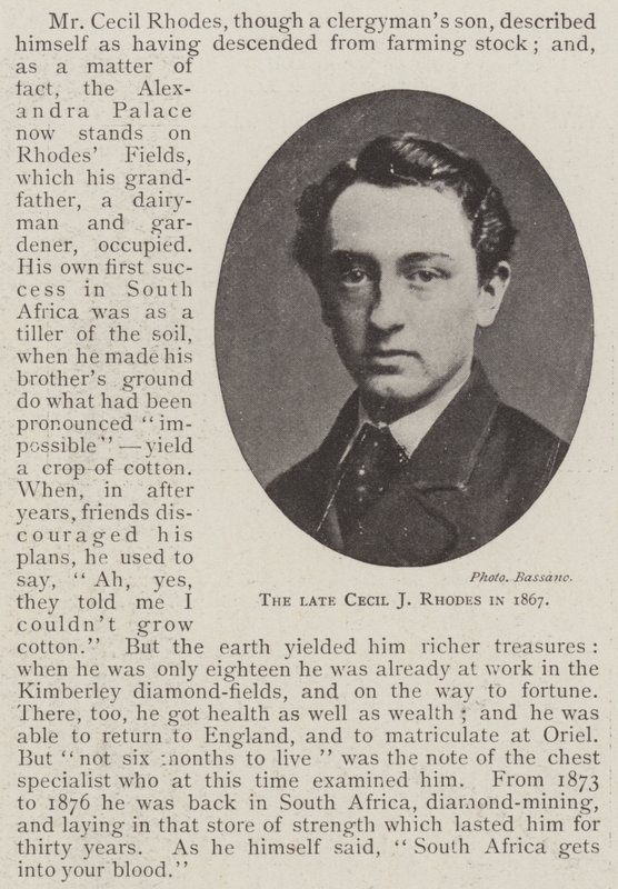 The late Cecil J Rhodes in 1867 by English Photographer