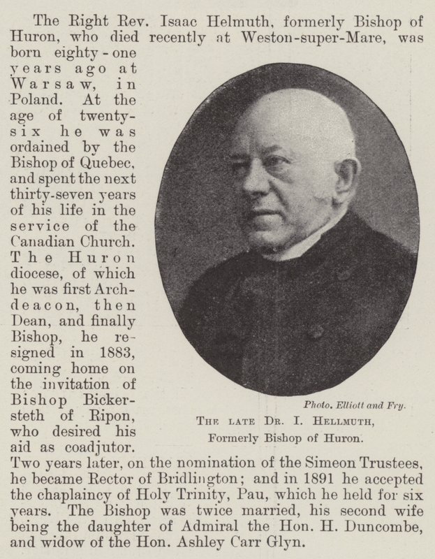 The late Dr I Hellmuth, formerly Bishop of Huron by English Photographer