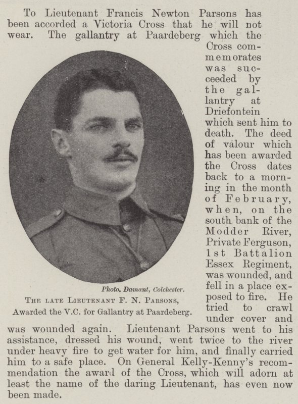 The late Lieutenant F N Parsons, awarded the VC for Gallantry at Paardeberg by English Photographer