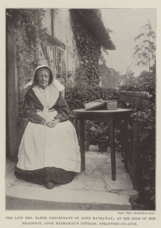 The late Mrs Baker (Descendant of Anne Hathaway), at the Door of her Residence, Anne Hathaway