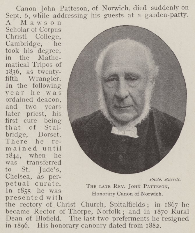 The late Reverend John Patteson, Honorary Canon of Norwich by English Photographer
