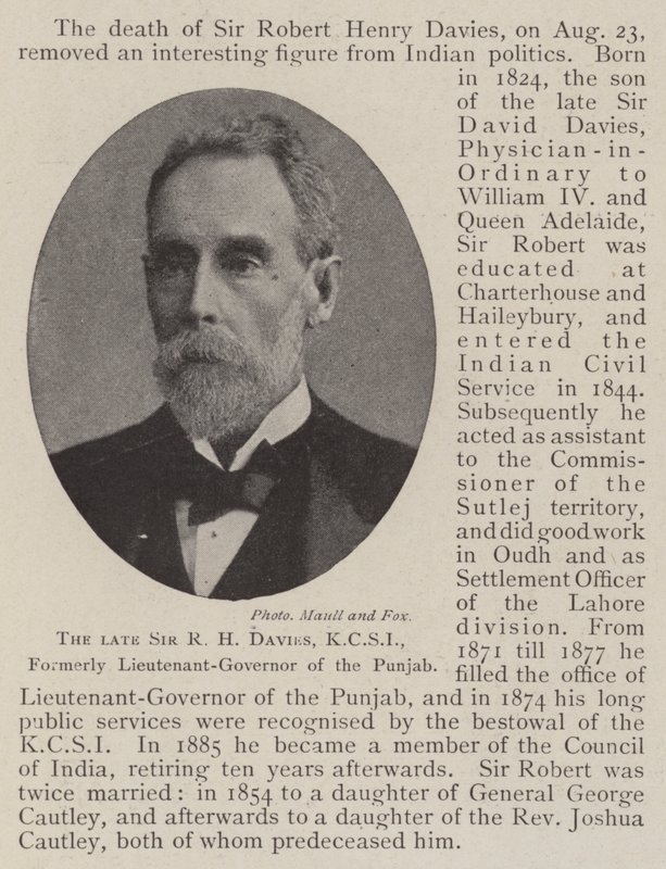 The late Sir R H Davies, KCSI, Formerly Lieutenant-General of the Punjab by English Photographer