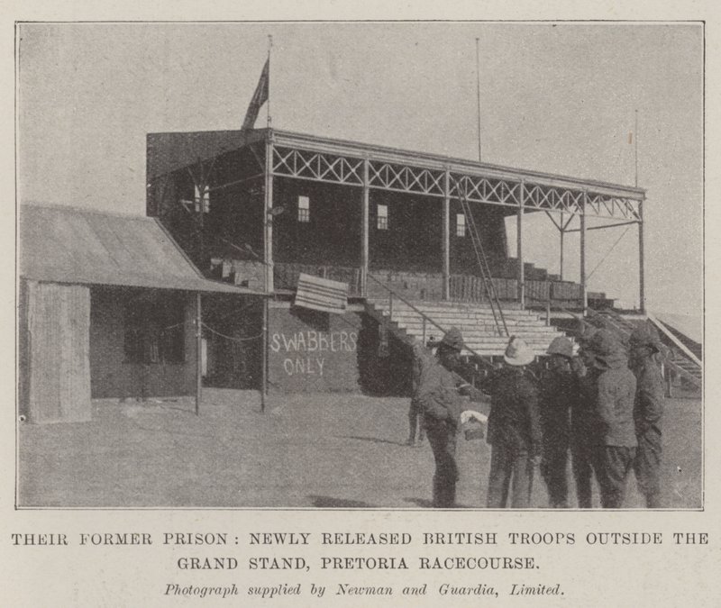 Their Former Prison, Newly Released British Troops Outside the Grand Stand, Pretoria Racecourse by English Photographer