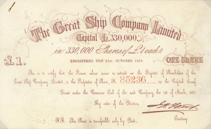 A £1 Share Certificate Issued by The Great Ship Company Limited by English School
