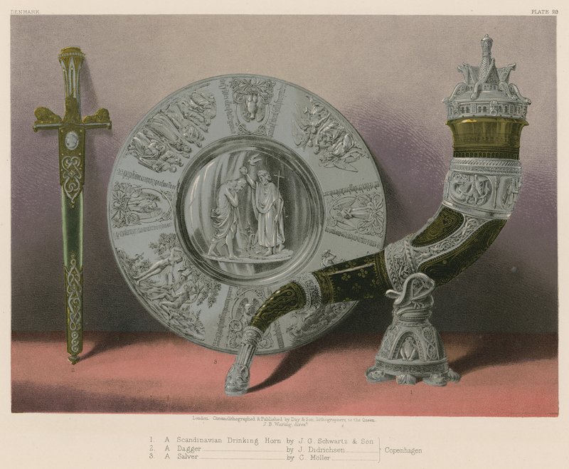 A Scandinavian Drinking Horn by J. G. Schwartz and Son, A Dagger by J. Didrichsen, A Salver by C. Moller, Copenhagen by English School