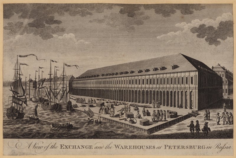 A View of the Exchange and the Warehouses at Petersburg in Russia by English School