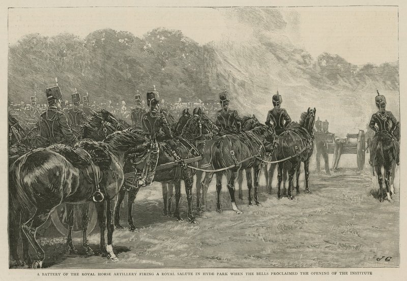 A Battery of the Royal Horse Artillery Firing a Royal Salute in Hyde Park When the Bells Proclaimed the Opening of the Imperial Institute by English School